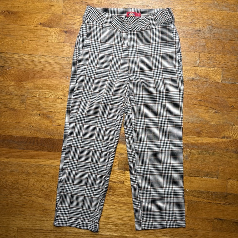 Dickies Pants Women Sz 3 Plaid Beige Trousers Cropped Straight Wide Leg Cuffed